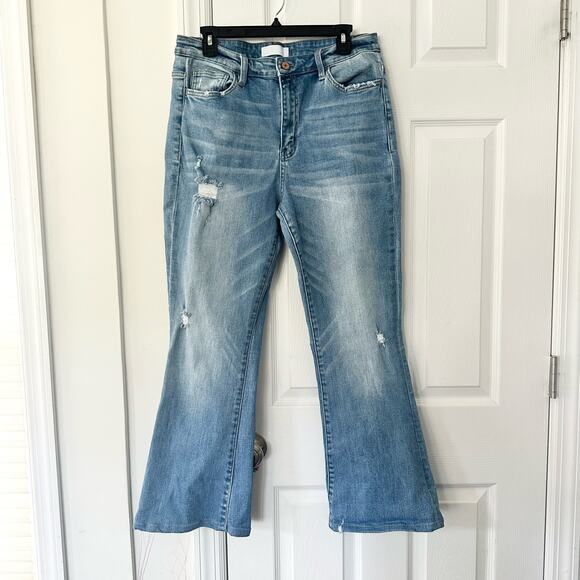 VERVET BY FLYING MONKEY Denim - Vervet High Rise Distressed Flared Leg White Wash Denim Jeans Clean Hem 32